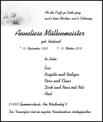 Anzeige von Anneliese Müllenmeister von Kölner Stadt-Anzeiger / Kölnische Rundschau / Express