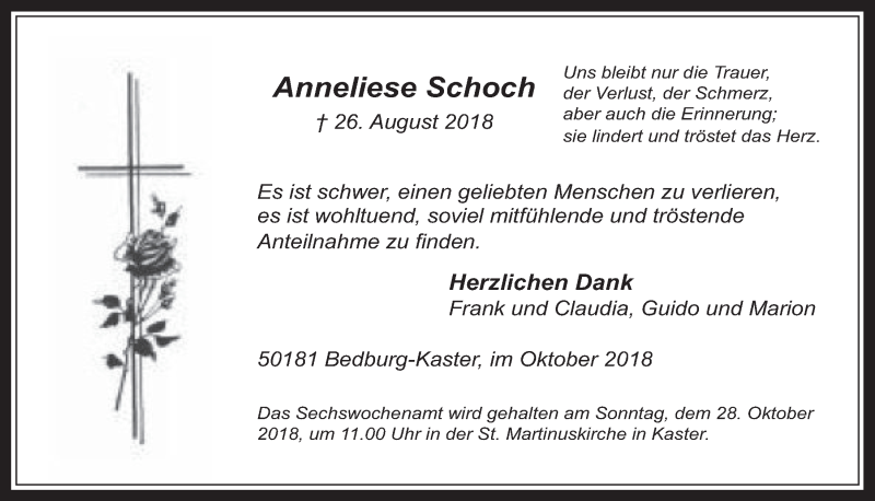  Traueranzeige für Anneliese Schoch vom 17.10.2018 aus  Werbepost 