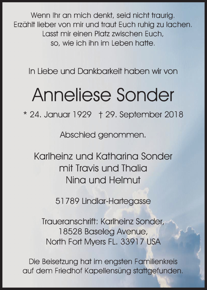  Traueranzeige für Anneliese Sonder vom 27.10.2018 aus Kölner Stadt-Anzeiger / Kölnische Rundschau / Express