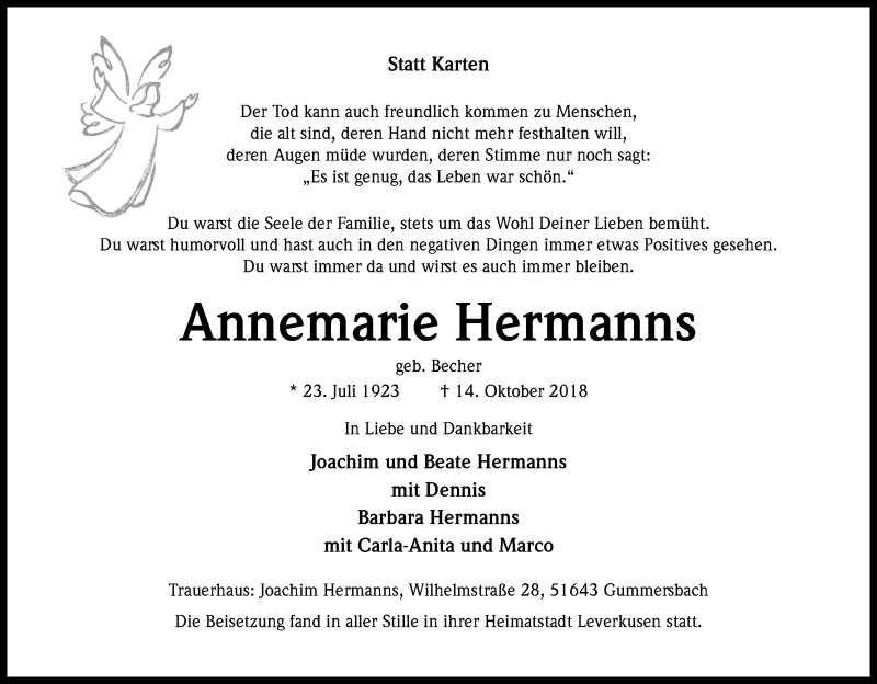  Traueranzeige für Annemarie Hermanns vom 23.10.2018 aus Kölner Stadt-Anzeiger / Kölnische Rundschau / Express