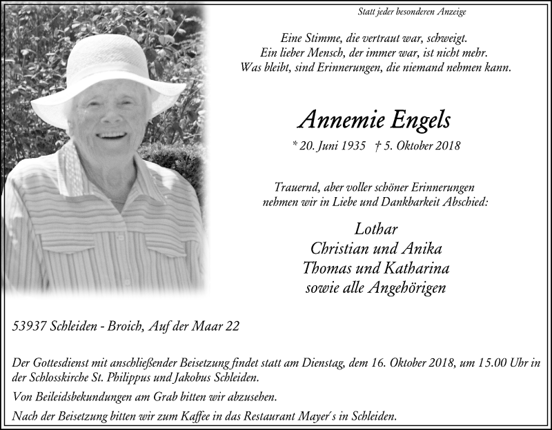  Traueranzeige für Annemie Engels vom 10.10.2018 aus Kölner Stadt-Anzeiger / Kölnische Rundschau / Express
