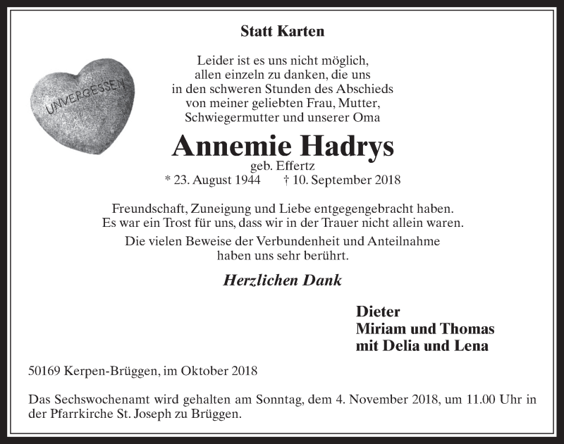  Traueranzeige für Annemie Hadrys vom 24.10.2018 aus  Werbepost 