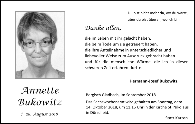  Traueranzeige für Annette Bukowitz vom 06.10.2018 aus Kölner Stadt-Anzeiger / Kölnische Rundschau / Express