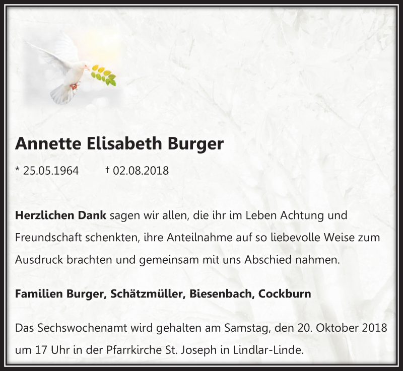  Traueranzeige für Annette Elisabeth Burger vom 13.10.2018 aus Kölner Stadt-Anzeiger / Kölnische Rundschau / Express