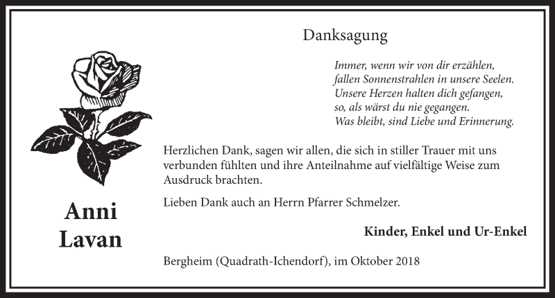  Traueranzeige für Anni Lavan vom 20.10.2018 aus  Sonntags-Post 