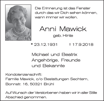 Anzeige von Anni Marwick von  Schlossbote/Werbekurier 