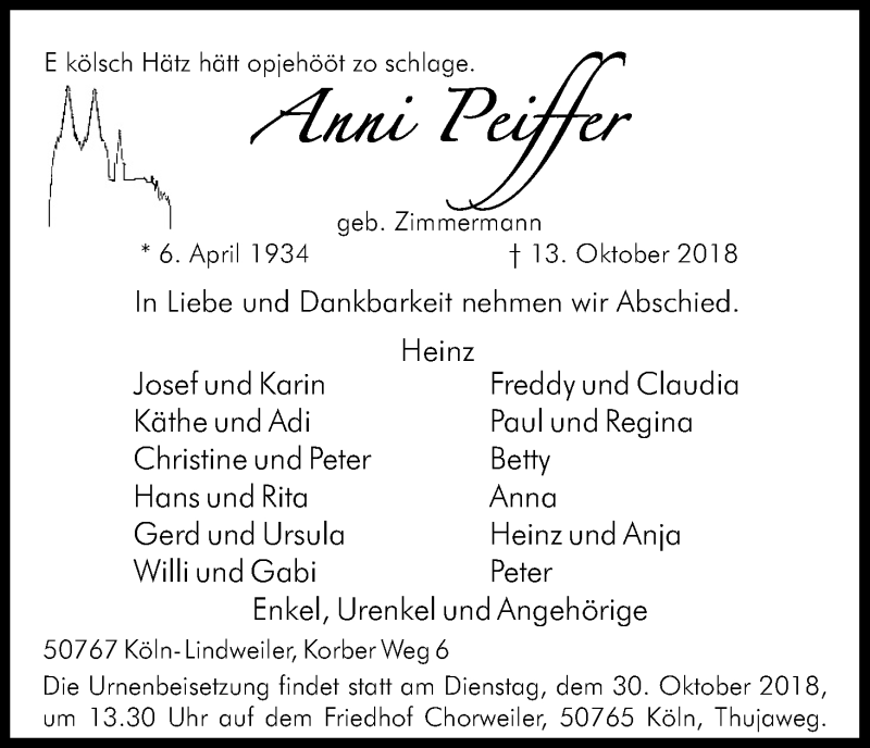  Traueranzeige für Anni Peiffer vom 20.10.2018 aus Kölner Stadt-Anzeiger / Kölnische Rundschau / Express