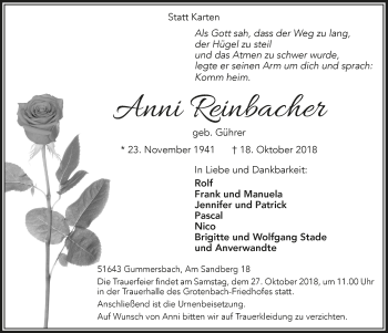 Anzeige von Anni Reinbacher von  Anzeigen Echo 