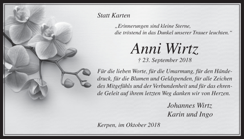  Traueranzeige für Anni Wirtz vom 24.10.2018 aus  Werbepost 