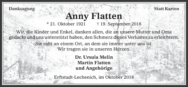  Traueranzeige für Anny Flatten vom 17.10.2018 aus  Werbepost 