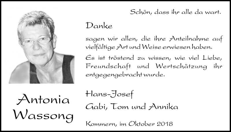  Traueranzeige für Antonia Wassong vom 13.10.2018 aus  Blickpunkt Euskirchen 