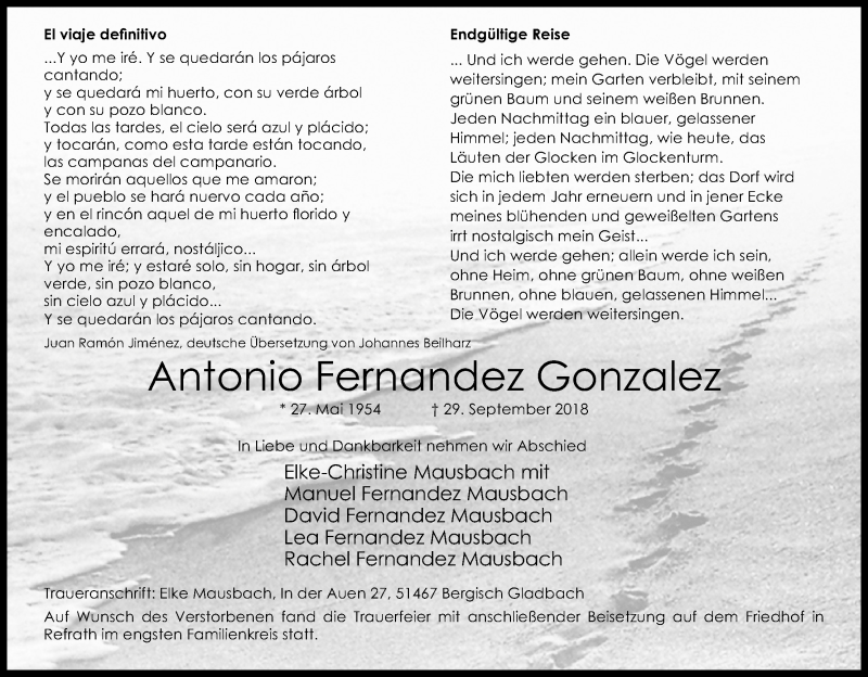  Traueranzeige für Antonio Fernandez Gonzalez vom 13.10.2018 aus Kölner Stadt-Anzeiger / Kölnische Rundschau / Express