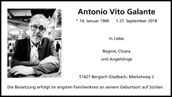 Anzeige von Antonio Vito Galante von Kölner Stadt-Anzeiger / Kölnische Rundschau / Express