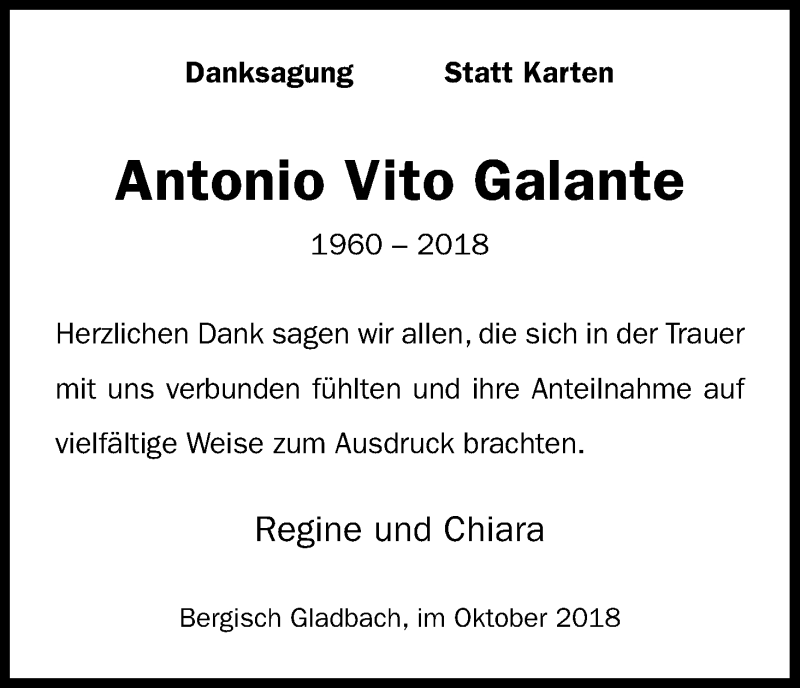  Traueranzeige für Antonio Vito Galante vom 27.10.2018 aus Kölner Stadt-Anzeiger / Kölnische Rundschau / Express