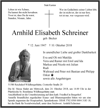 Anzeige von Arnhild Elisabeth Schreiner von  Lokalanzeiger 