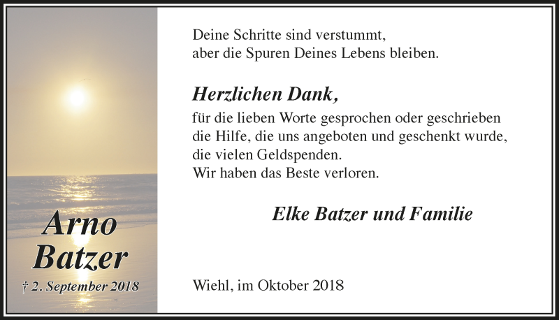  Traueranzeige für Arno Batzer vom 10.10.2018 aus  Lokalanzeiger 