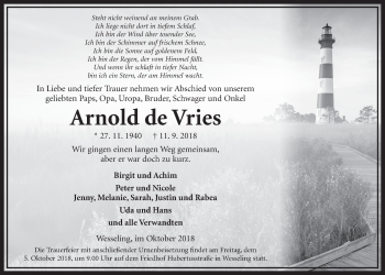 Anzeige von Arnold de Vries von  Schlossbote/Werbekurier 
