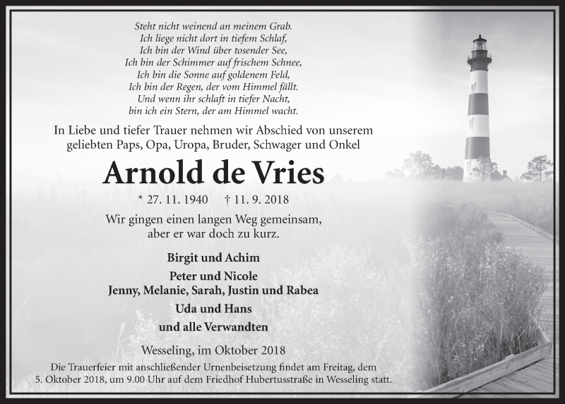  Traueranzeige für Arnold de Vries vom 03.10.2018 aus  Schlossbote/Werbekurier 