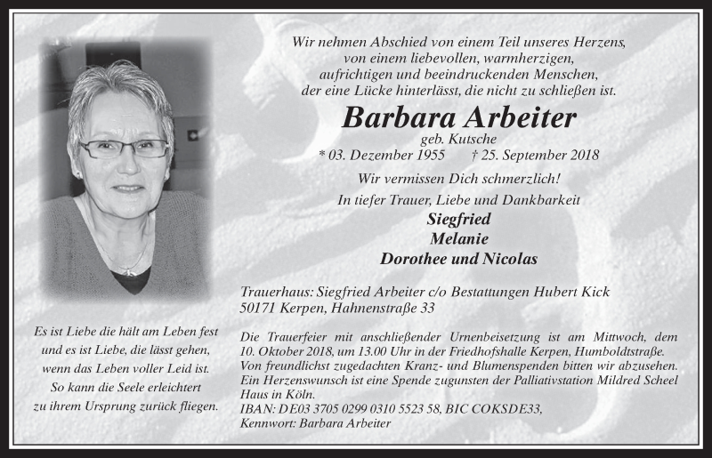  Traueranzeige für Barbara Arbeiter vom 03.10.2018 aus  Werbepost 