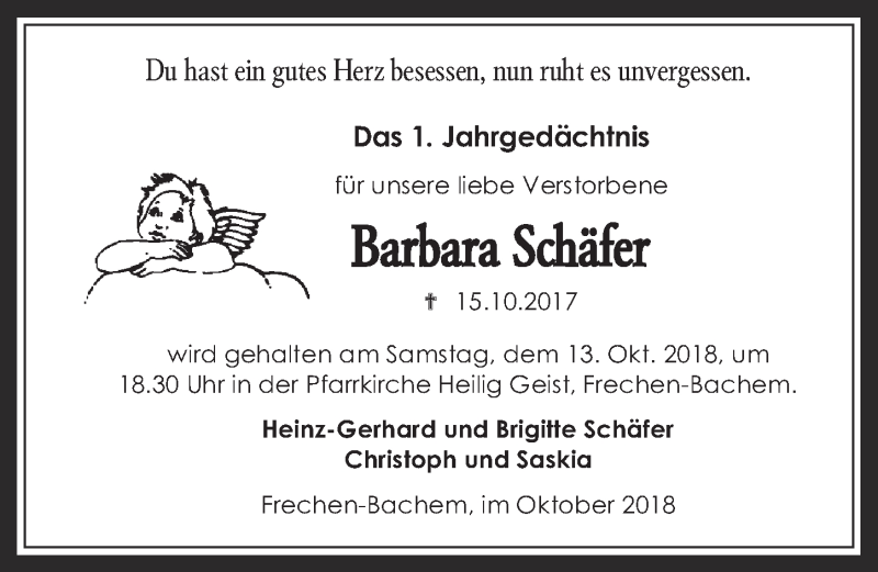  Traueranzeige für Barbara Schäfer vom 10.10.2018 aus  Wochenende 