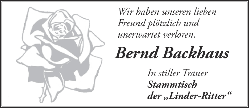  Traueranzeige für Bernd Backhaus vom 03.10.2018 aus  Kölner Wochenspiegel 