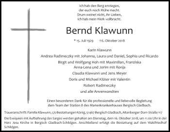 Anzeige von Bernd Klawunn von Kölner Stadt-Anzeiger / Kölnische Rundschau / Express