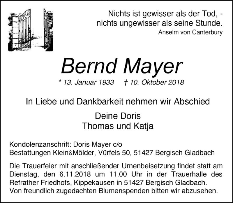  Traueranzeige für Bernd Mayer vom 31.10.2018 aus  Bergisches Handelsblatt 