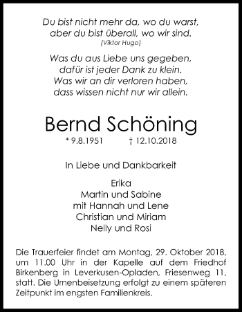 Anzeige von Bernd Schöning von Kölner Stadt-Anzeiger / Kölnische Rundschau / Express