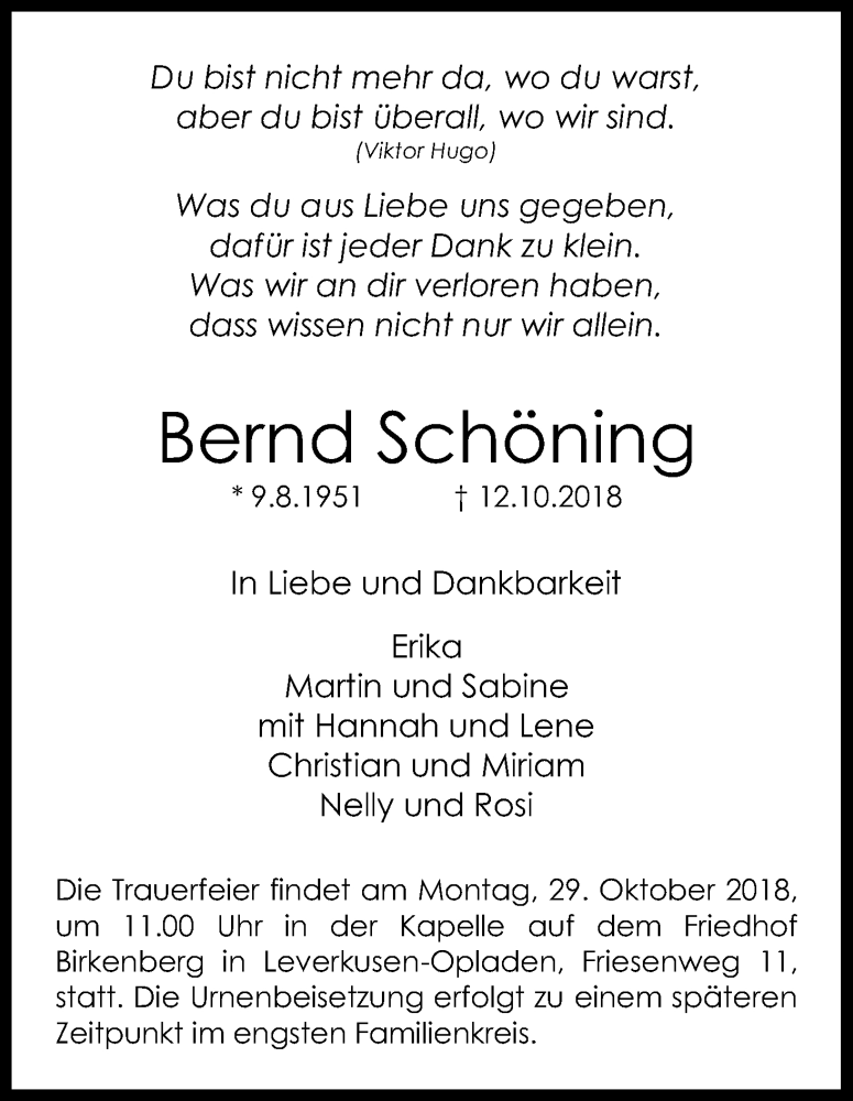  Traueranzeige für Bernd Schöning vom 20.10.2018 aus Kölner Stadt-Anzeiger / Kölnische Rundschau / Express