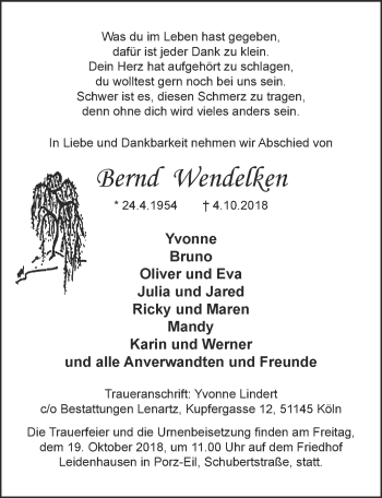 Anzeige von Bernd Wendelken 