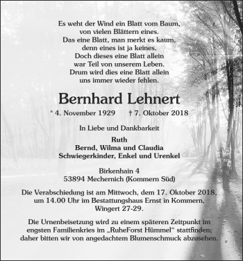 Anzeige von Bernhard Lehnert von  Blickpunkt Euskirchen 