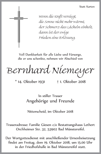 Anzeige von Bernhard Niemeyer von  Blickpunkt Euskirchen 