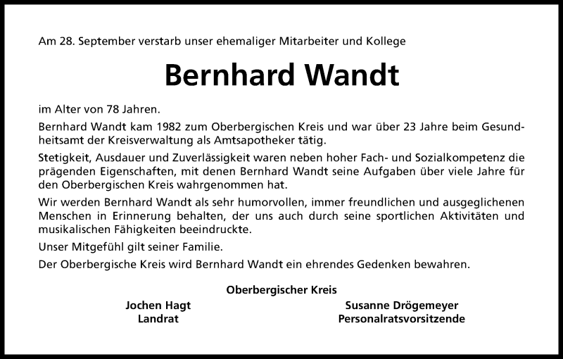  Traueranzeige für Bernhard Wandt vom 09.10.2018 aus Kölner Stadt-Anzeiger / Kölnische Rundschau / Express