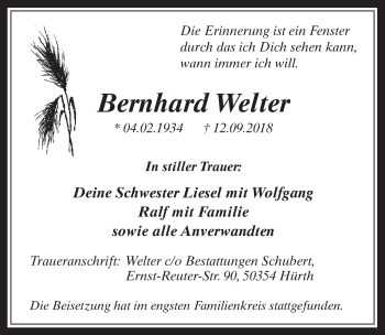 Anzeige von Bernhard Welter von  Wochenende 