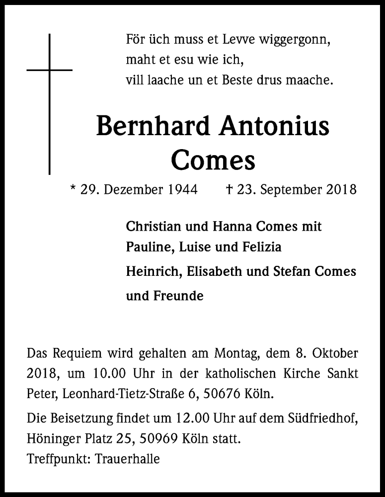  Traueranzeige für Bernhard Antonius Comes vom 03.10.2018 aus Kölner Stadt-Anzeiger / Kölnische Rundschau / Express