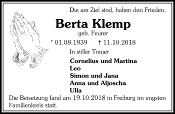 Anzeige von Berta Klemp von  Schaufenster/Blickpunkt 
