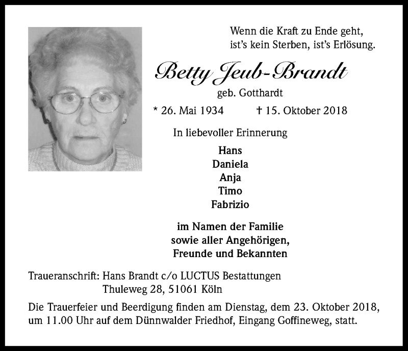  Traueranzeige für Betty Jeub-Brandt vom 20.10.2018 aus Kölner Stadt-Anzeiger / Kölnische Rundschau / Express