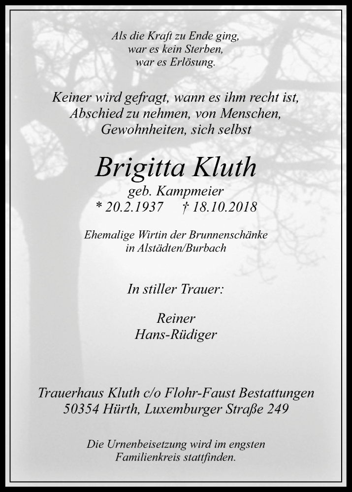 Traueranzeige für Brigitta Kluth vom 24.10.2018 aus Kölner Stadt-Anzeiger / Kölnische Rundschau / Express