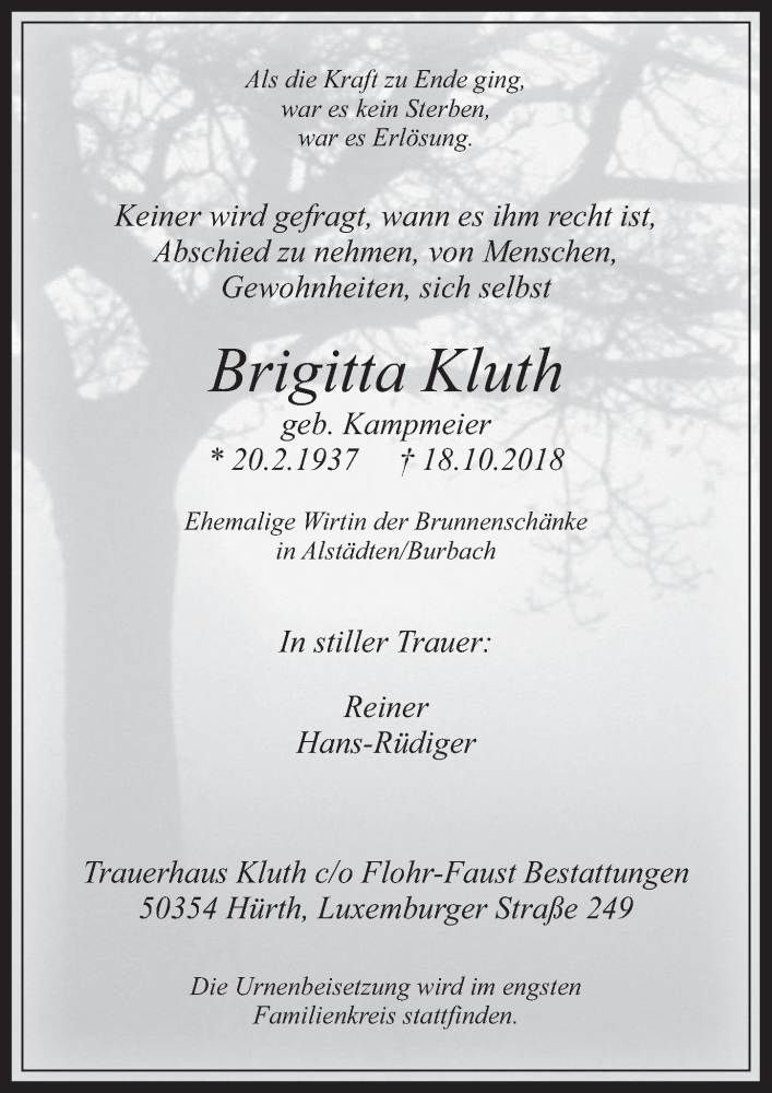  Traueranzeige für Brigitta Kluth vom 24.10.2018 aus  Wochenende 