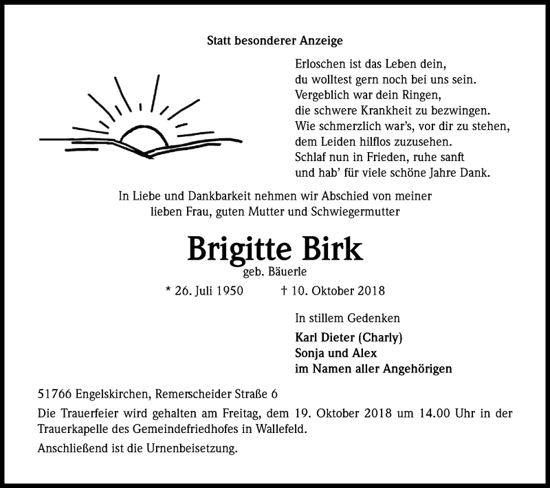  Traueranzeige für Brigitte Birk vom 13.10.2018 aus Kölner Stadt-Anzeiger / Kölnische Rundschau / Express