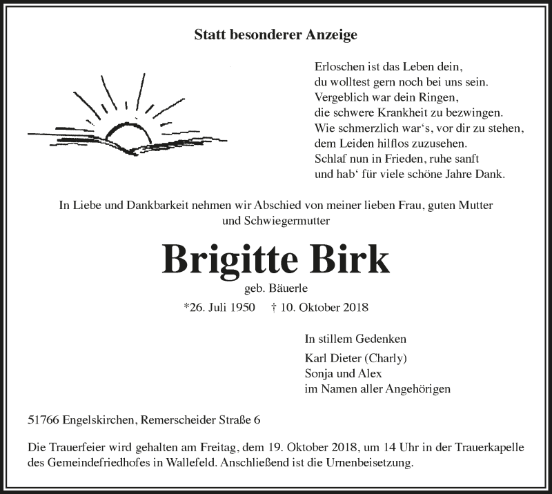  Traueranzeige für Brigitte Birk vom 17.10.2018 aus  Anzeigen Echo 