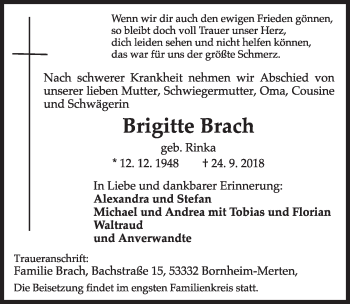 Anzeige von Brigitte Brach von  Schlossbote/Werbekurier 