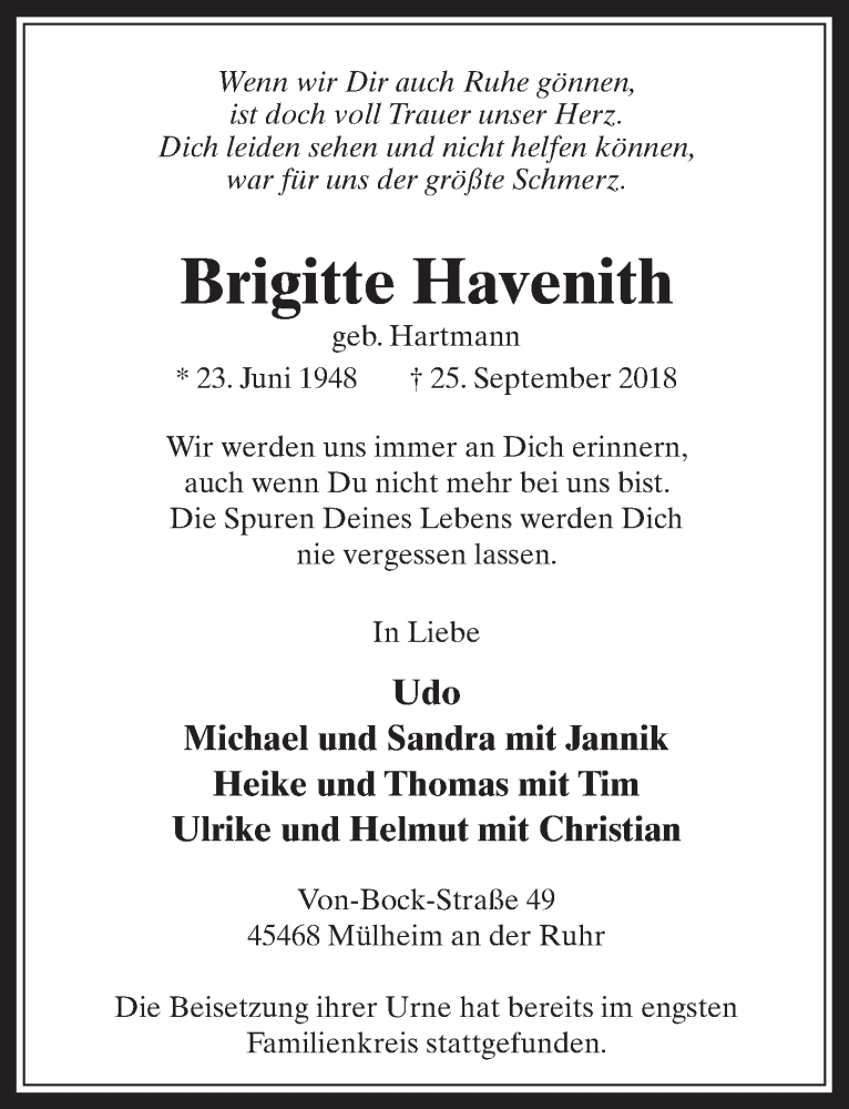  Traueranzeige für Brigitte Havenith vom 10.10.2018 aus  Werbepost 