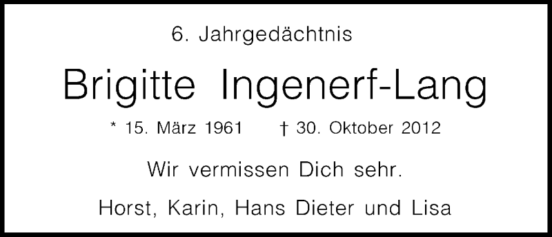  Traueranzeige für Brigitte Ingenerf-Lang vom 30.10.2018 aus Kölner Stadt-Anzeiger / Kölnische Rundschau / Express