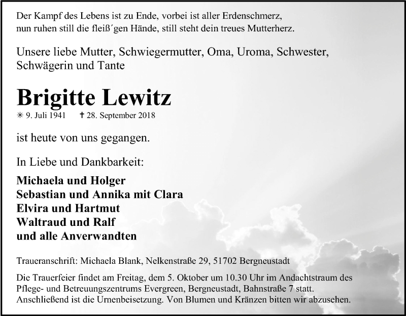  Traueranzeige für Brigitte Lewitz vom 02.10.2018 aus Kölner Stadt-Anzeiger / Kölnische Rundschau / Express
