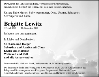 Anzeige von Brigitte Lewitz von Kölner Stadt-Anzeiger / Kölnische Rundschau / Express