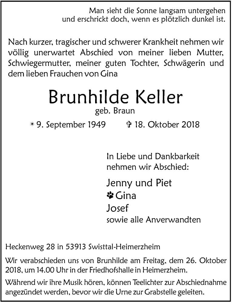 Traueranzeige für Brunhilde Keller vom 24.10.2018 aus  Schaufenster/Blickpunkt 