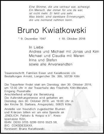 Anzeige von Bruno Kwiatkowski von Kölner Stadt-Anzeiger / Kölnische Rundschau / Express