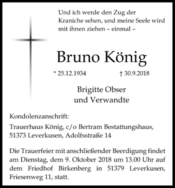 Anzeige von Bruno König von Kölner Stadt-Anzeiger / Kölnische Rundschau / Express