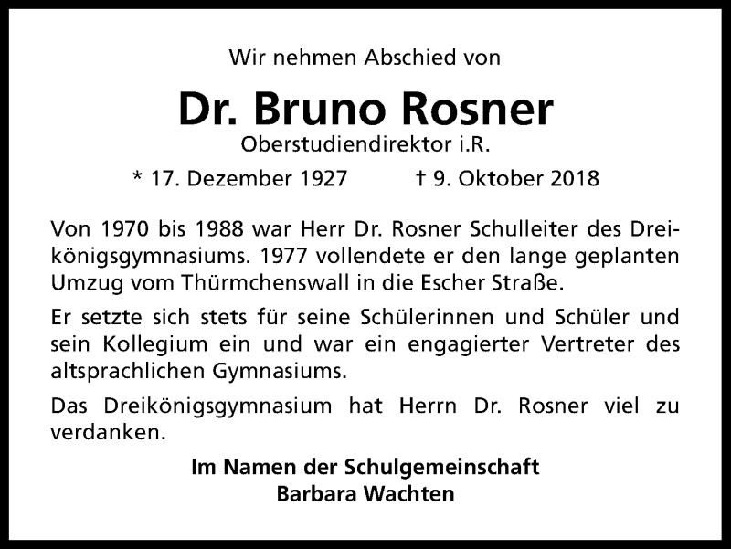  Traueranzeige für Bruno Rosner vom 13.10.2018 aus Kölner Stadt-Anzeiger / Kölnische Rundschau / Express
